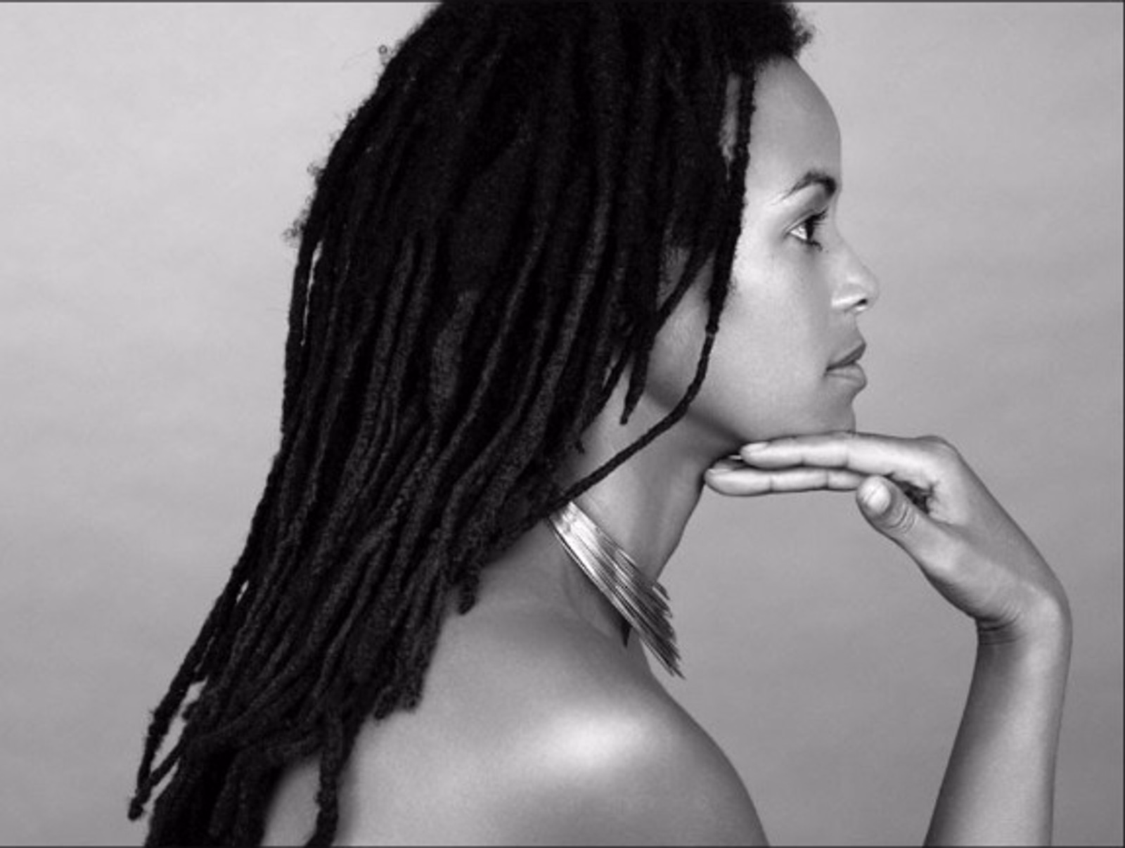 Miss Renee Simone in profile, black and white studio portrait